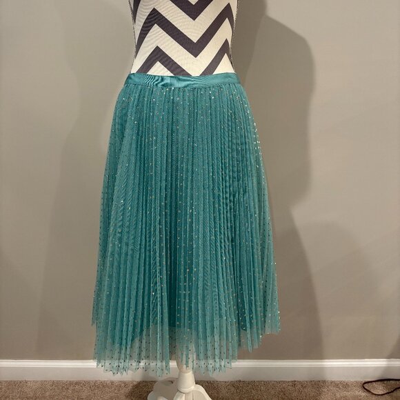 J.Crew Pleated Tulle A-line Midi Skirt in Mermaid Aqua Blue Metallic Gold Dot - Picture 3 of 5